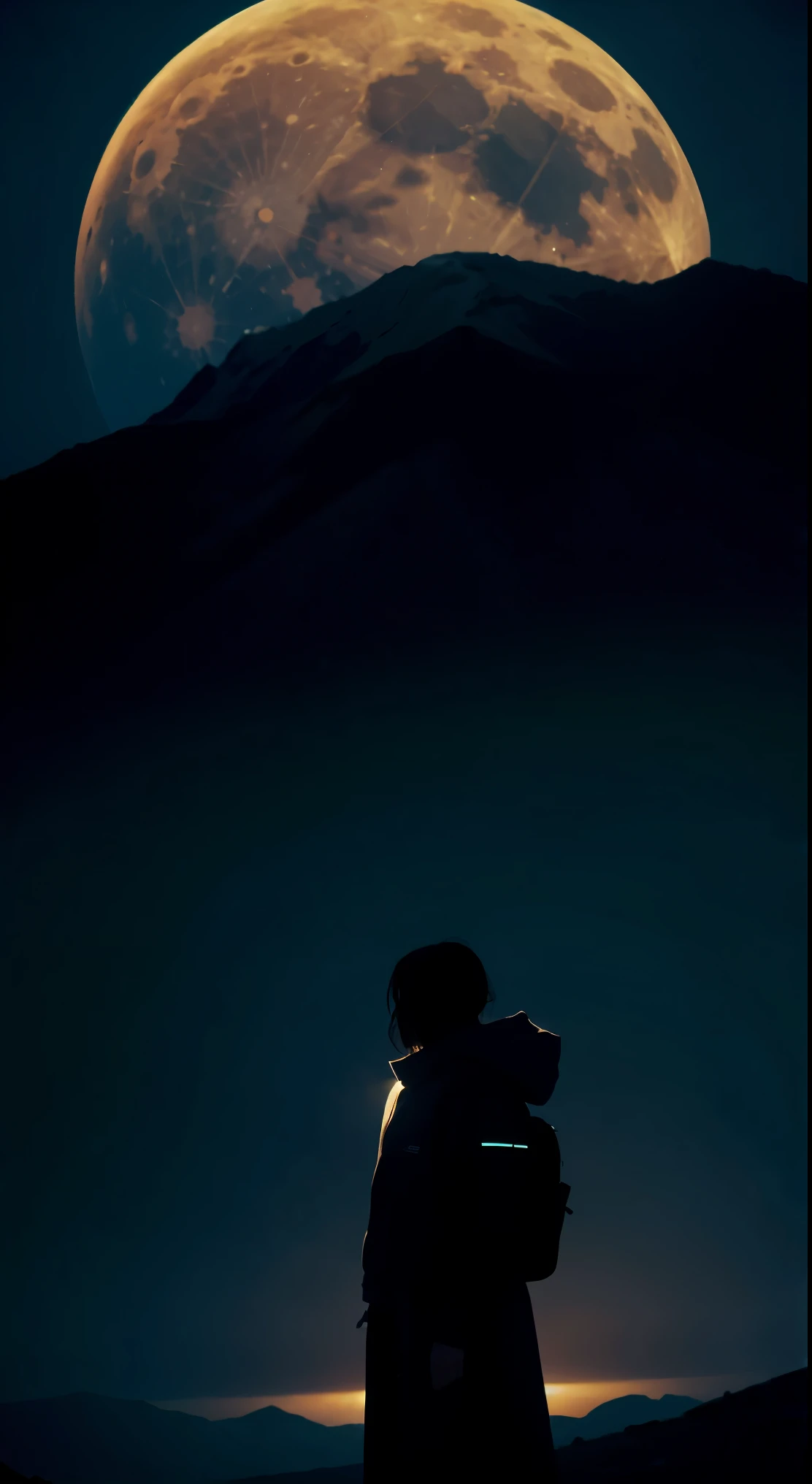Surreal landscape with a lunar glow, featuring a hooded silhouette with faceless features. The silhouette is enhanced with glowing glyphs and symbols, emphasized by the character's large hood and long claws.