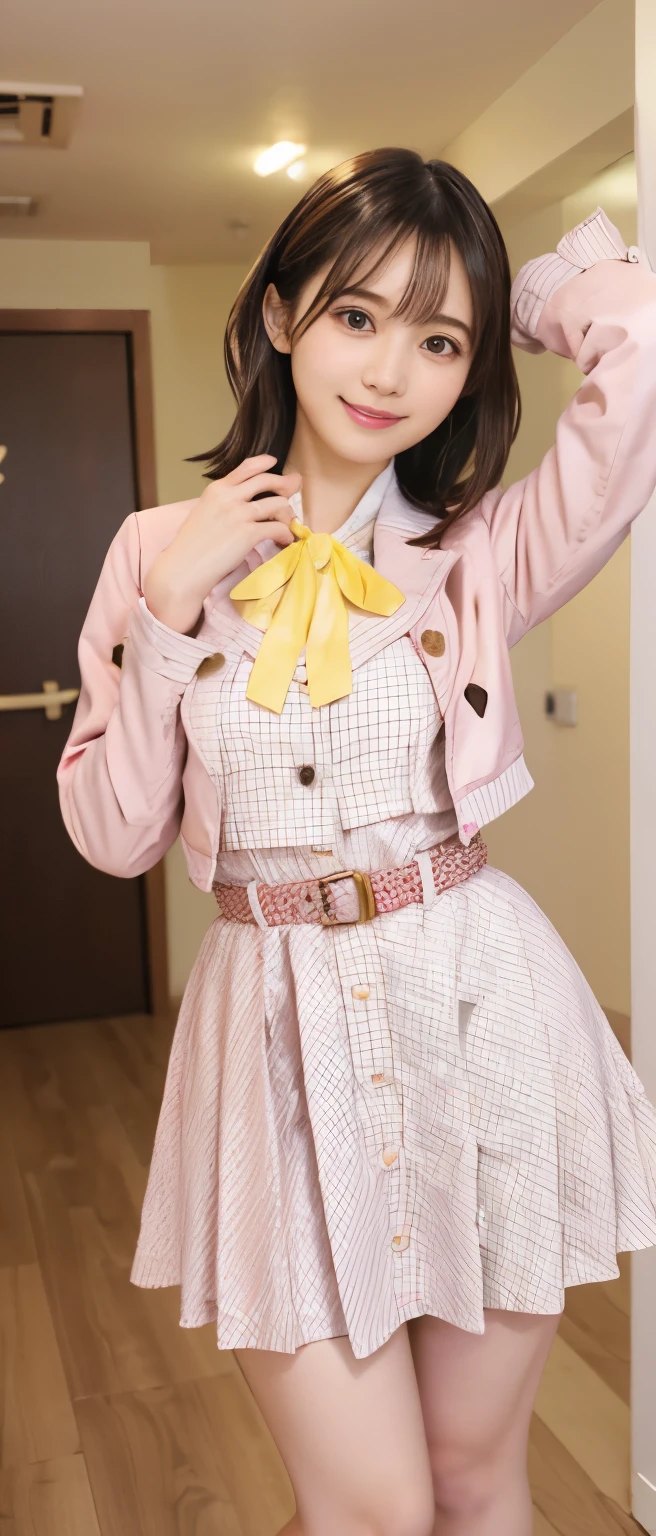 Fresh Idol Girl、whole body、Good style、、、Fluorescent pink checkered tight mini dress、、、、Cute yellow jacket、Great heart belt、Gorgeous room with lots of fruits