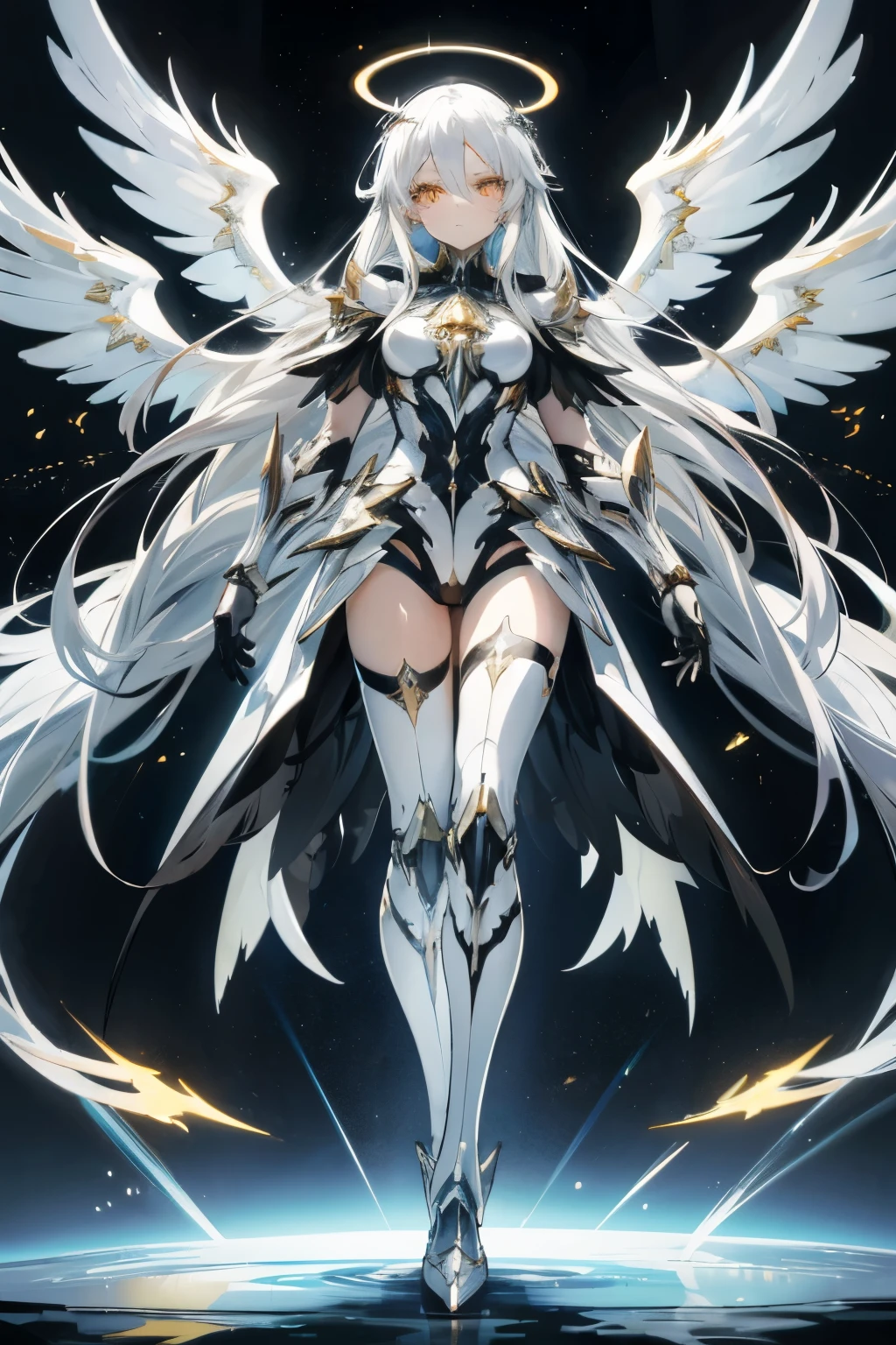 1girl, an anime girl with long white hair, anime art, an anime drawing, golden eyes, tall woman, high quality, thin body, multiple wings, angel, six wings, head wings, glowing eyes, halo, black thighhighs, bright pupils, black clothes, thunder, black gloves, cybernetic angel, possessing metallic wings and a sleek white and silver exoskeleton, bodysuit, iron mask