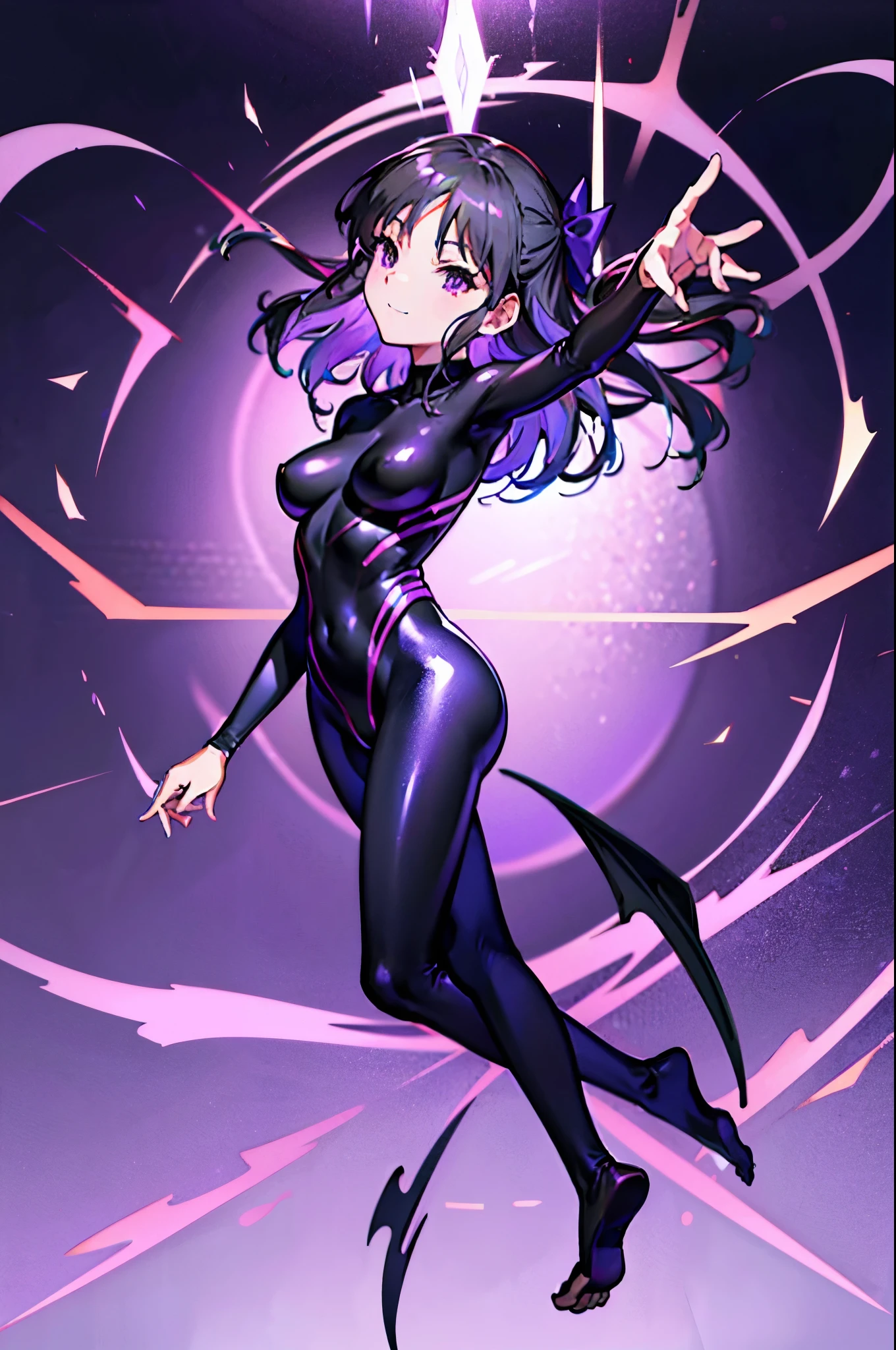 highest quality　Highest quality　draw the face carefully　Anime style high quality face　Super Glowing Skin　Black full body suit　Purple pantyhose　barefoot　Succubus　lure　smile　Rear view　Back view