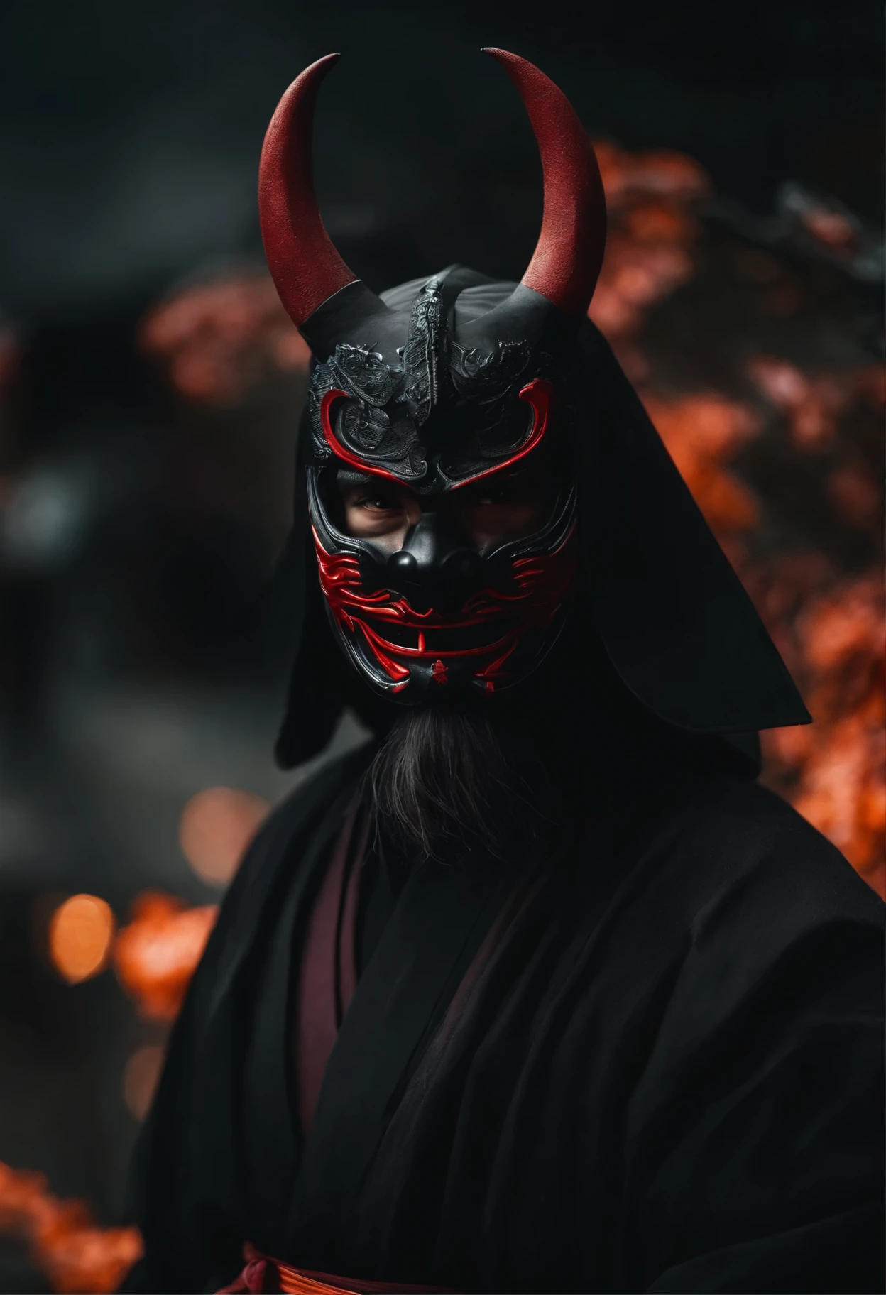 Ninja wearing a Japanese demon mask, In black outfit, Menacingly