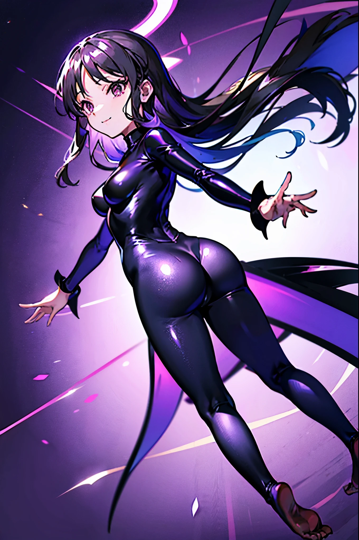 highest quality　Highest quality　draw the face carefully　Anime style high quality face　Super Glowing Skin　Black full body suit　Purple pantyhose　barefoot　Succubus　lure　smile　Rear view　Back view