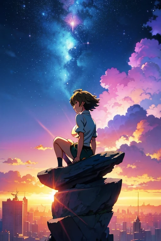 Anime girl sitting on a rock and looking at the sky,A sky-piercing tower far away, Makoto Shinkai cyril rolando, Anime art wallpaper 4k, Anime art wallpapers 4k, Cyril Rolando and Goro Fujita, Anime art wallpaper 8k, Anime wallpaper 4k, Anime wallpaper 4k, Anime wallpaper 4k, ( ( Makoto Shinkai ) ), Makoto Shinkai!