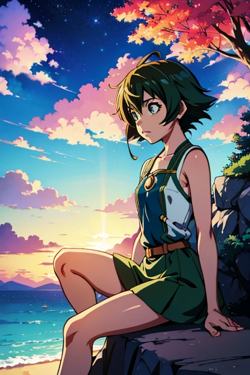 Anime girl sitting on a rock and looking at the sky,A sky-piercing tower far away, Makoto Shinkai cyril rolando, Anime art wallpaper 4k, Anime art wallpapers 4k, Cyril Rolando and Goro Fujita, Anime art wallpaper 8k, Anime wallpaper 4k, Anime wallpaper 4k, Anime wallpaper 4k, ( ( Makoto Shinkai ) ), Makoto Shinkai!