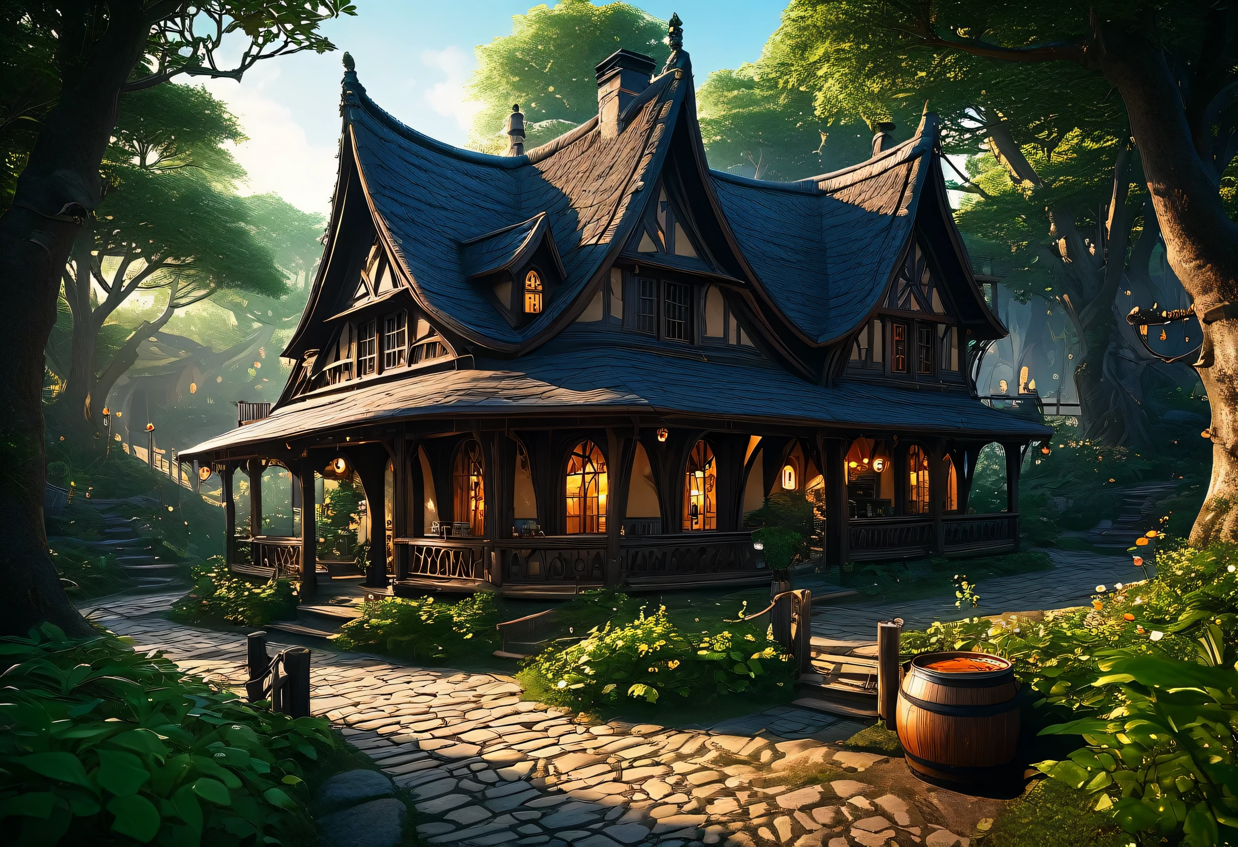 Here&#39;s a photo of a house with a lit porch., Beautiful depiction of a fairy tale, A pleasant and enchanting scene, fantasy house, realistic fantasy render, Andreas Rocha Style, Medieval fantasy town, Magical Environment, Magical Village, 8k high quality detailed art, Witch&#39;s hut in the woods, A multifaceted cozy izakaya, A mesmerizing magical fantasy forest