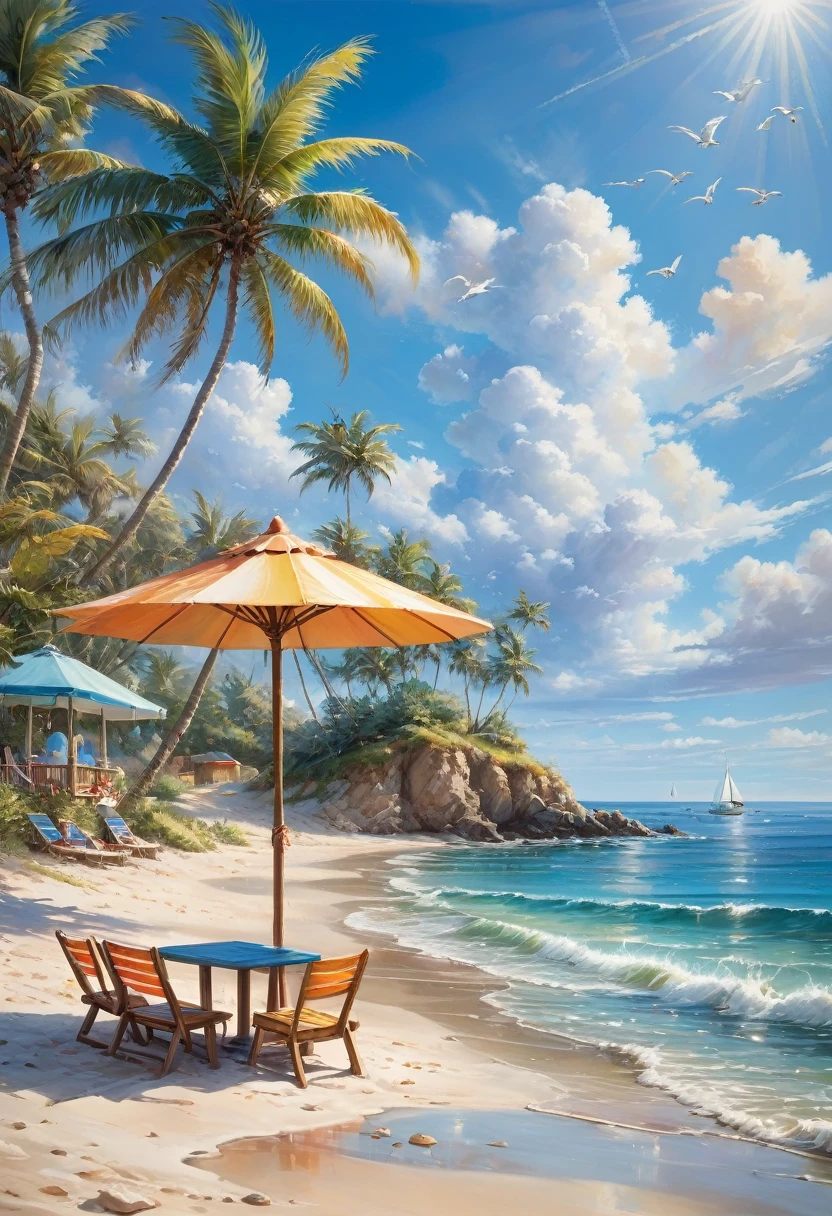 Blue Coast, a beautiful coastline overlooking the deep blue ocean, sandy beaches and crashing waves, palm trees swaying in the gentle breeze, clear blue skies with fluffy white clouds, a lone sailboat in the distance, sparkling sunlight reflecting on the water, seashells scattered on the beach, children building sandcastles, seagulls soaring in the sky, a small beachside cafe serving refreshing drinks, vibrant and saturated colors, soft and warm sunlight, a peaceful and serene atmosphere, a sense of tranquility and relaxation (best quality,ultra-detailed,highres,professional:1.2),coastal landscape,photorealistic,exquisite brushwork,subtle textures and details,layers of vibrant colors,emphasizing the beauty of the ocean, capturing the essence of a summer beach day