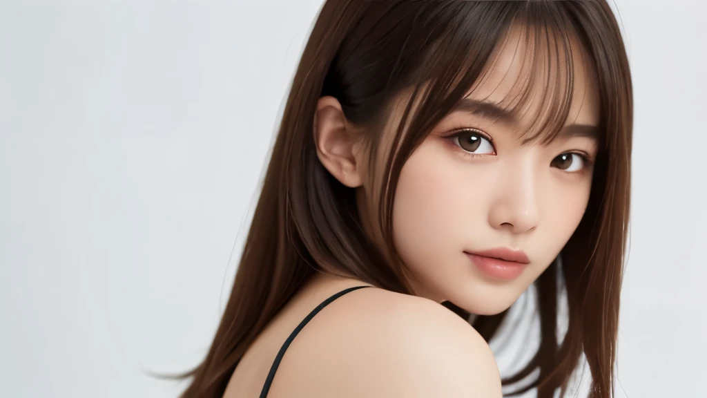 (masterpiece:1.2,highest quality),((White background)),((Photographed with an ultra-wide-angle single focus lens)),depict the upper body,1 young woman,((suit)),(Big Breasts),((Look to the side)),Black wavy hair,((Fine and beautiful eyes)),blushed,Healthy Skin,(smile),8k resolution