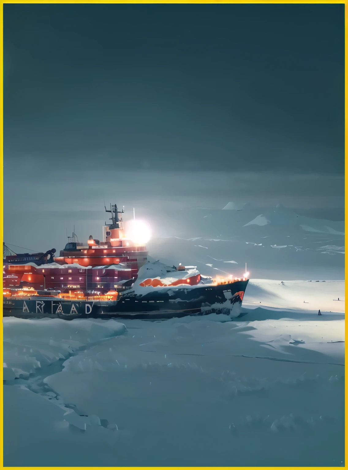 arafed ship in the middle of a snowy area with a bright light on it, antartic night, vostok-1, northern star at night, konstantin porubov, national geographic footage, stunning cinematography, inspired by Vladimir Borovikovsky, north pole, 2030, stunning vfx, amazing cinematography, norilsk, leonid