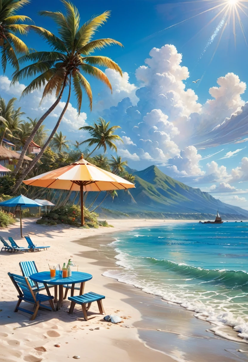 Blue Coast, a beautiful coastline overlooking the deep blue ocean, sandy beaches and crashing waves, palm trees swaying in the gentle breeze, clear blue skies with fluffy white clouds, a lone sailboat in the distance, sparkling sunlight reflecting on the water, seashells scattered on the beach, children building sandcastles, seagulls soaring in the sky, a small beachside cafe serving refreshing drinks, vibrant and saturated colors, soft and warm sunlight, a peaceful and serene atmosphere, a sense of tranquility and relaxation (best quality,ultra-detailed,highres,professional:1.2),coastal landscape,photorealistic,exquisite brushwork,subtle textures and details,layers of vibrant colors,emphasizing the beauty of the ocean, capturing the essence of a summer beach day