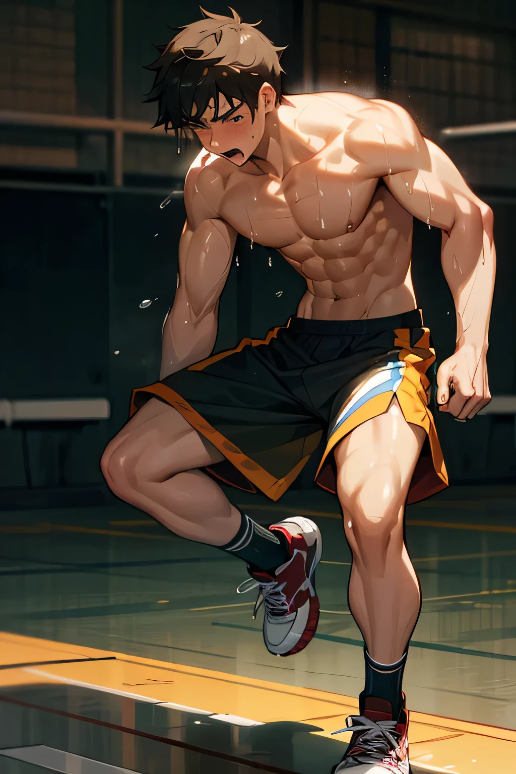 a shirtless 22-year old super muscular sweating male wearing basketball shorts, rubber shoes, sweat-drenched, soaking wet, drenched with sweat, sweating profusely, soaking wet with sweat, panting, exhausted, gasping,running in the quadrangle