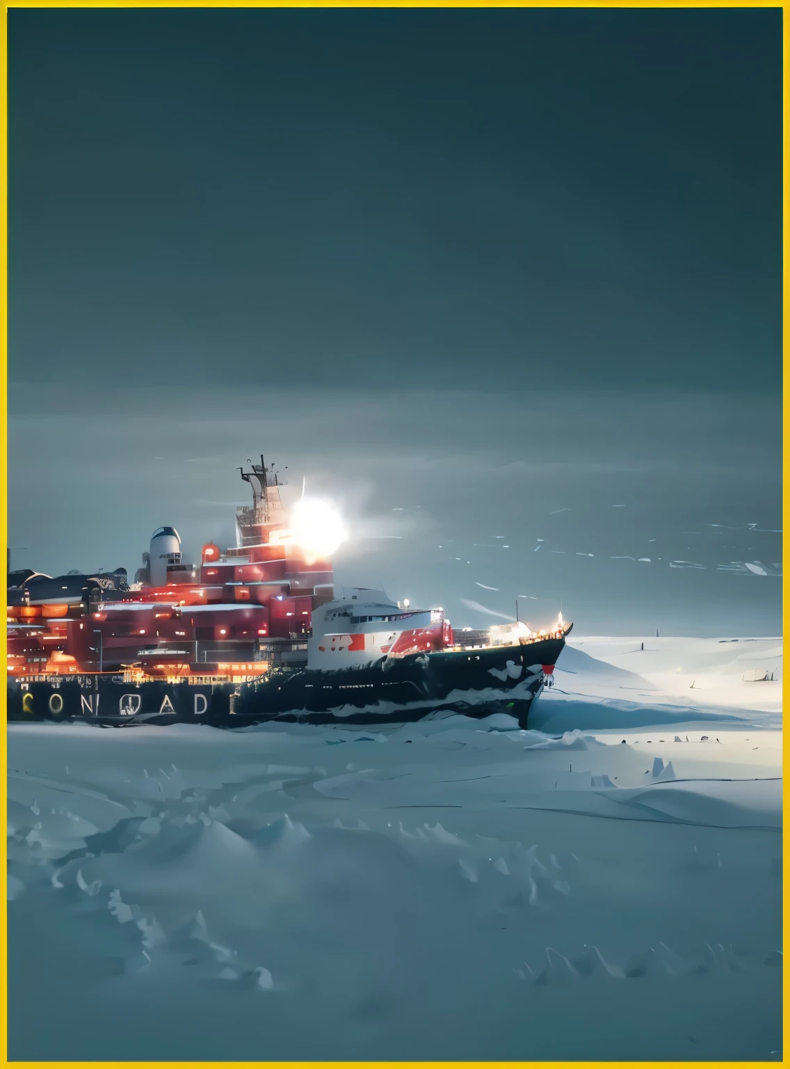 arafed ship in the middle of a snowy area with a bright light on it, antartic night, vostok-1, northern star at night, konstantin porubov, national geographic footage, stunning cinematography, inspired by Vladimir Borovikovsky, north pole, 2030, stunning vfx, amazing cinematography, norilsk, leonid