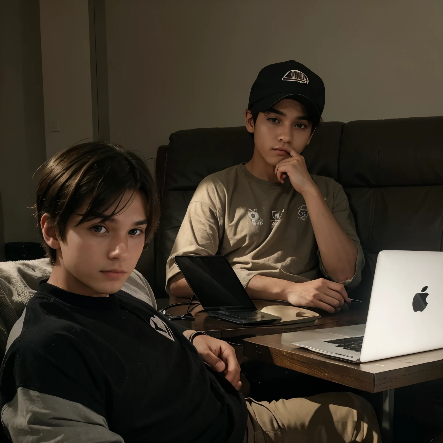 You generated the photos the boy are site in sofa and background is like a room and one side this boys have laptop and second side is in the table one coffee cap.