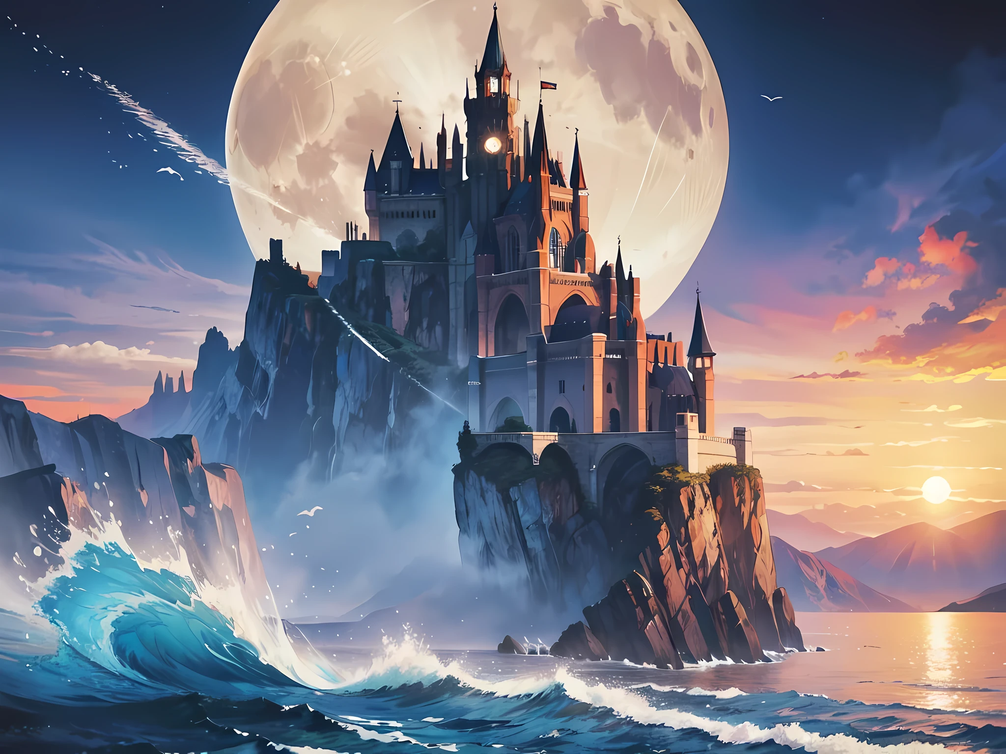 A National Geographic, award winning, picture of a mighty castle on top of cliff watching the blue coast, there is a large sea and rolling waves, eagles fly above, its a fantasy castle, the sun is setting, ant you can see the moon rising, ultra wide shot, photorealistic, RAW, fantasy art, dnd art, fantasy art, realistic art,