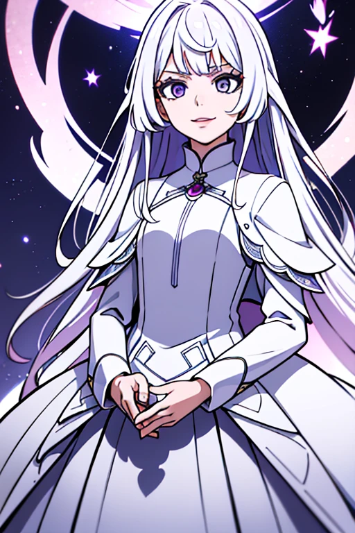 Masterpiece, Great piece, The day, outside, Fallen flowers, White dress, 1 girl, Perfect woman, Silver and white woman with long hair, Blue-gray eyes, Pale pink lips, cold, serious, Explosion, Purple eyes, White clothes, Black clothing lines, Delicate face, great face, Standing bow, Tassels, Happiness complex, He smiles