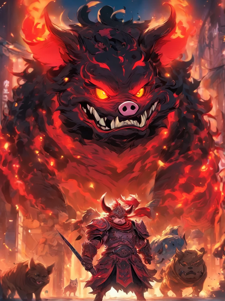 Pig Demon,Pig and dog monsters,Fettigkeit,dressed in armor,Mit einer langen Axt in der Hand