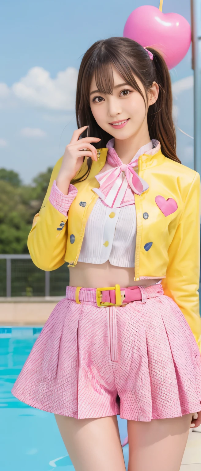 Fresh Idol Girl、whole body、Good style、、、Fluorescent pink checkered tight shorts costume、、、、Cute yellow jacket、Great heart belt、A pool filled with lots of fruit