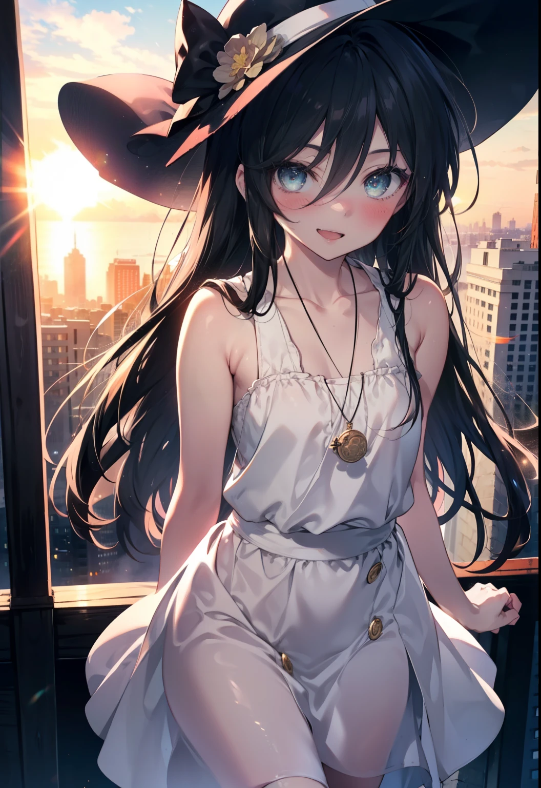 Shana,灼眼のShana,Ahoge,Long Hair,Black Hair, black eye, Small breasts,smile,blush,Open your mouth,Sleeveless dress,Bare shoulders,bare clavicle,Bare neck,Rocket Pendant,White hat,Long skirt,Cute heeled sandals,Looking down from above,sunset,evening,The sun is setting,
break looking at viewer, (Cowboy Shot:1. 5)
break outdoors, City Street,Building district,
break (masterpiece:1.2), highest quality, High resolution, unity 8k wallpaper, (shape:0.8), (Fine and beautiful eyes:1.6), Highly detailed face, Perfect lighting, Highly detailed CG, (Perfect hands, Perfect Anatomy),