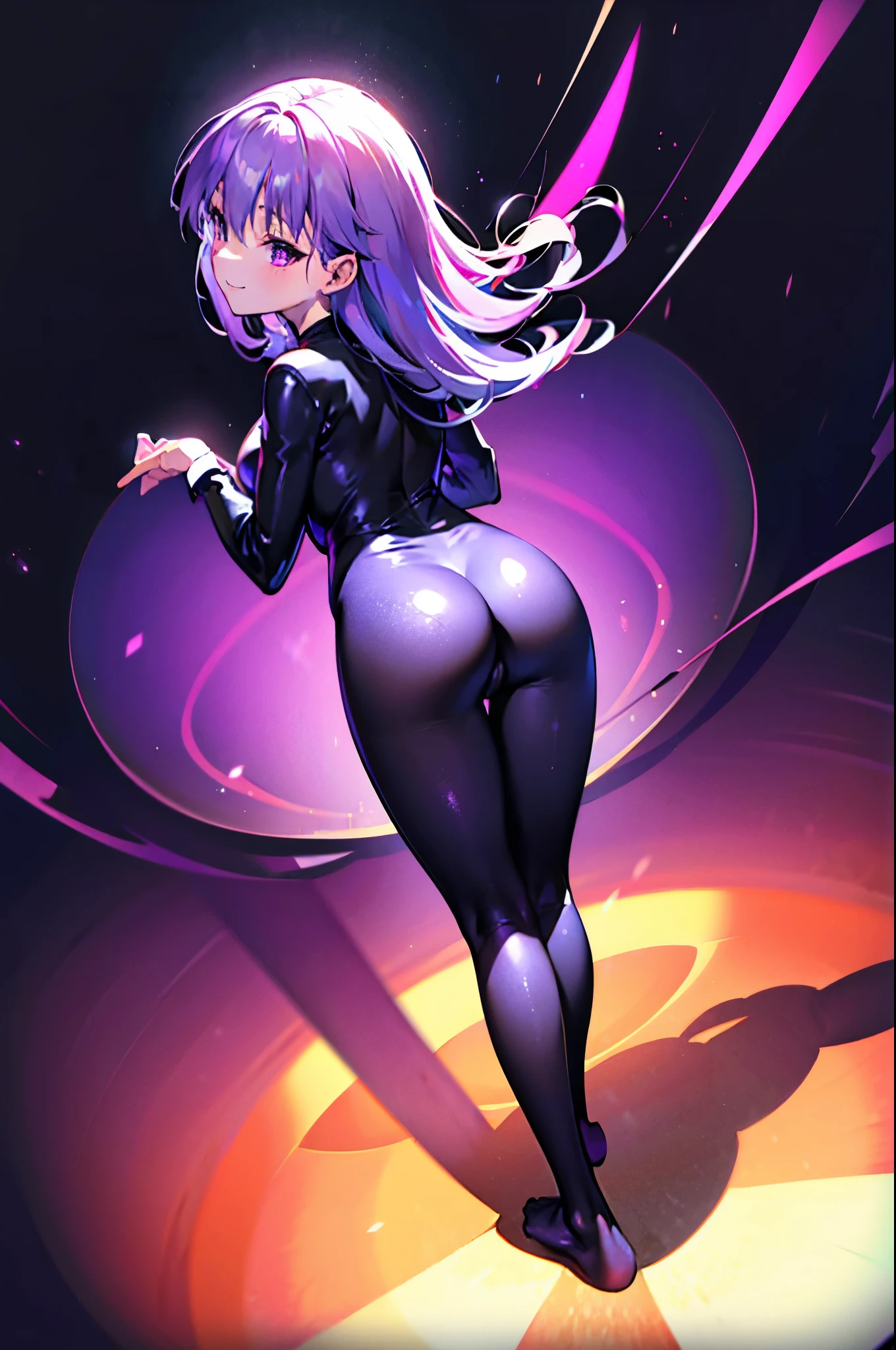 highest quality Highest quality draw the face carefully Anime style high quality face Super Glowing Skin Black full body suit Purple pantyhose barefoot Succubus lure smile Rear view Back view