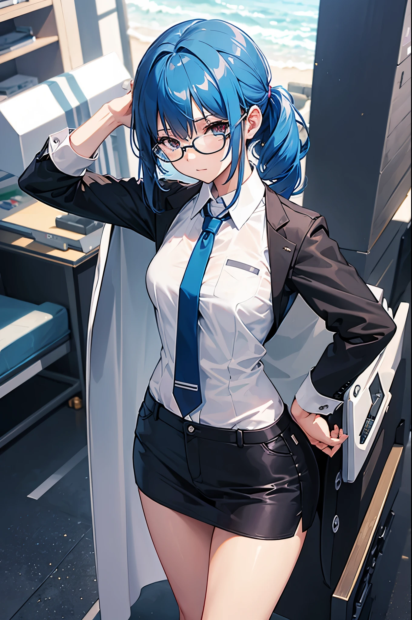 female detective, rod, single glasses, vest, overcoat, blue hair, tie, chilling, formal suit, best quality anime 16k wallpaper quality, extreme eye and body detail, high resolution , masterpieces, ultra lighting, starlight, close-up, creative, scale up, grace, short ponytail, see-through clothes, perfect body shape, gold accesory, long range, showing-off, scanning effect
