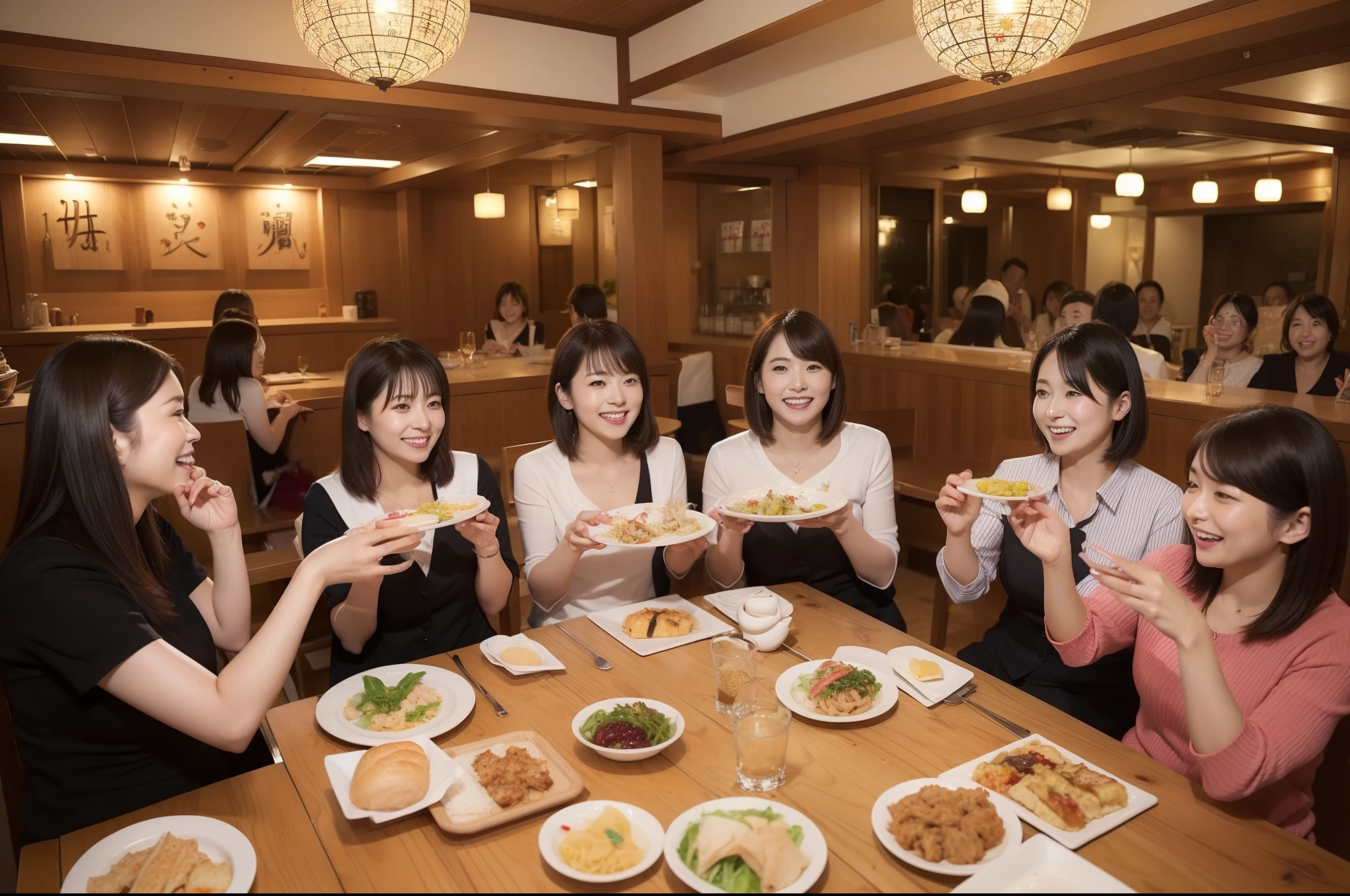 ((highest quality, 8k, Representative works in detail, Ultra-high resolution)), (Group photo of women), (Looking at the audience), (Mid Shot:), 魅力的なビジネスウーマン5-people、women only: 5-people, A little chubby:0.25,Stylish woman、Age 25、30 years old、38 years old、Japanese women、Office ladies gathering for the New Year、Draw a picture of a Japanese private restaurant,Laughter and cheers mixed together.,Vibrant。There are various kinds of dishes on the table.々There are a variety of delicious dishes,A photo of everyone eating and chatting、A happy look、mini skirt、
