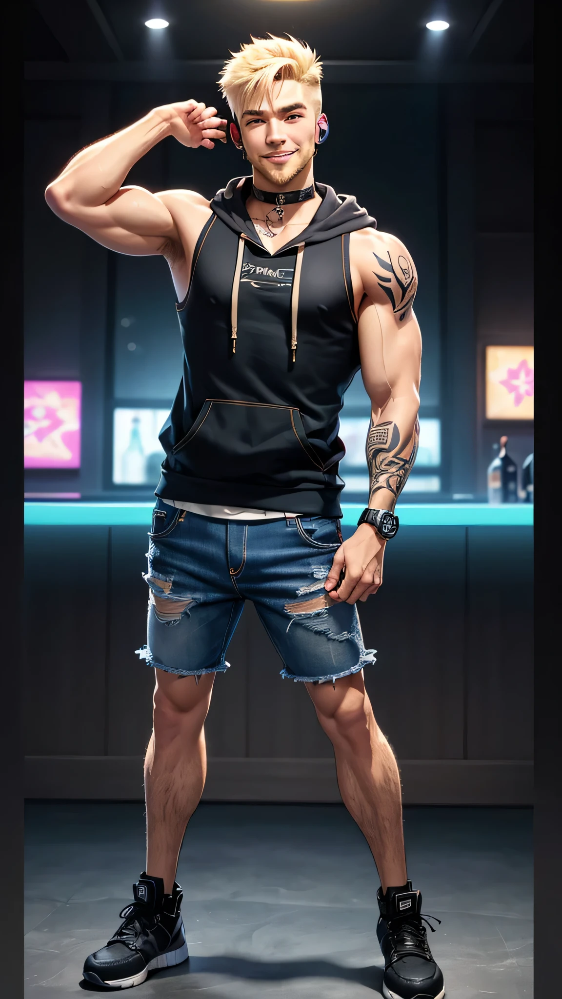 最high quality、Best image quality、masterpiece、male((20-year-old、Blonde、Shortcuts,Black sleeveless hoodie、Blue denim trouseressy Hair、Muscle chamber、smile、earphone jack,beard、Macho、Full Body Tattoo)),high quality、Beautiful art、background((Disco、Cocktail Bar))、Flight、Flying debris、Written boundary depth、movie、Visual Arts、Perfect art、8K,Genuine、