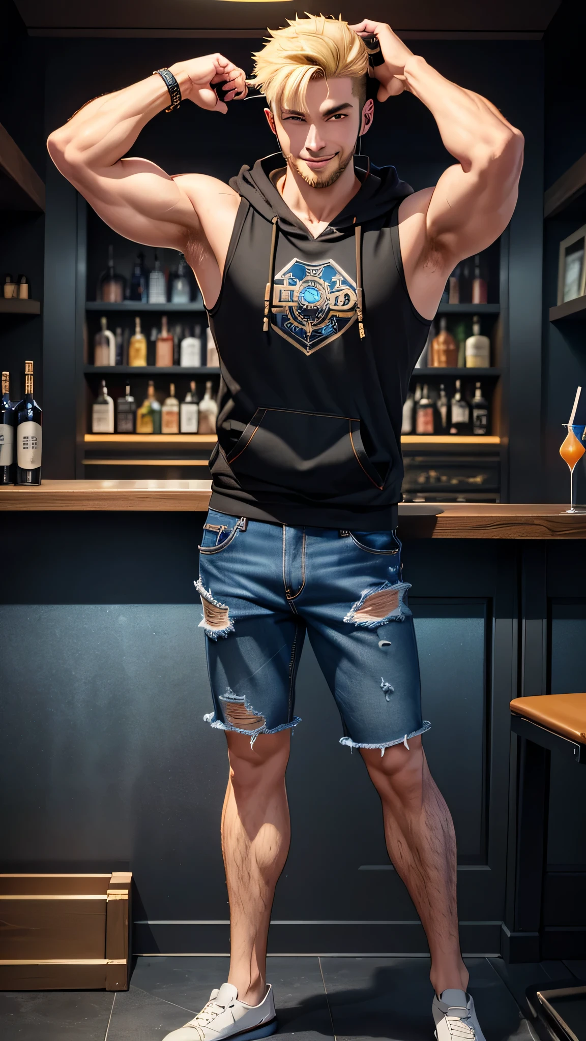 最high quality、Best image quality、masterpiece、male((20-year-old、Blonde、Shortcuts,Black sleeveless hoodie、Blue denim trouseressy Hair、Muscle chamber、smile、earphone jack,beard、Macho、Full Body Tattoo)),high quality、Beautiful art、background((Disco、Cocktail Bar))、Flight、Flying debris、Written boundary depth、movie、Visual Arts、Perfect art、8K,Genuine、