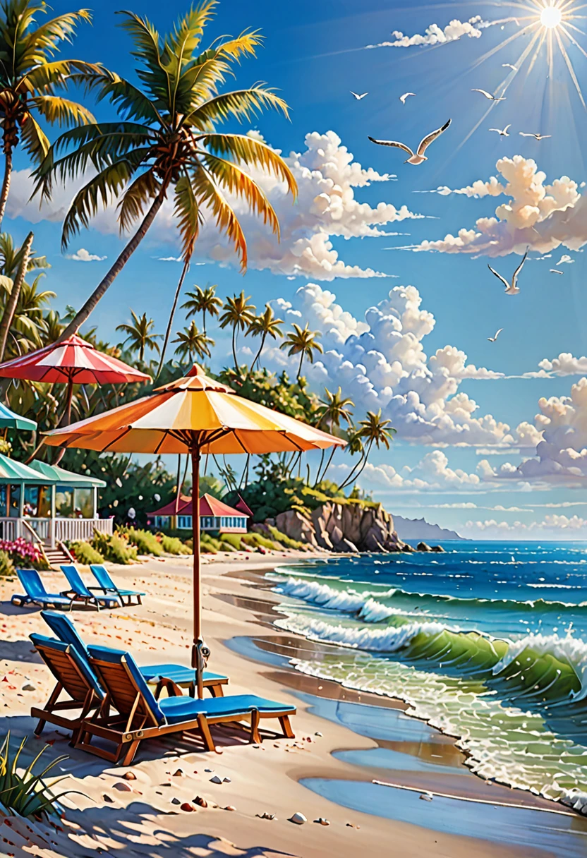Blue Coast, a beautiful coastline overlooking the deep blue ocean, sandy beaches and crashing waves, palm trees swaying in the gentle breeze, clear blue skies with fluffy white clouds, a lone sailboat in the distance, sparkling sunlight reflecting on the water, seashells scattered on the beach, children building sandcastles, seagulls soaring in the sky, a small beachside cafe serving refreshing drinks, vibrant and saturated colors, soft and warm sunlight, a peaceful and serene atmosphere, a sense of tranquility and relaxation (best quality,ultra-detailed,highres,professional:1.2),coastal landscape,photorealistic,exquisite brushwork,subtle textures and details,layers of vibrant colors,emphasizing the beauty of the ocean, capturing the essence of a summer beach day