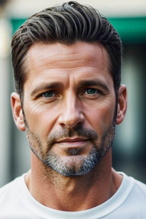 photorealistic portrait of a handsome 40 year old man, regarde le spectateur, cheveux blanc et long, yeux vert