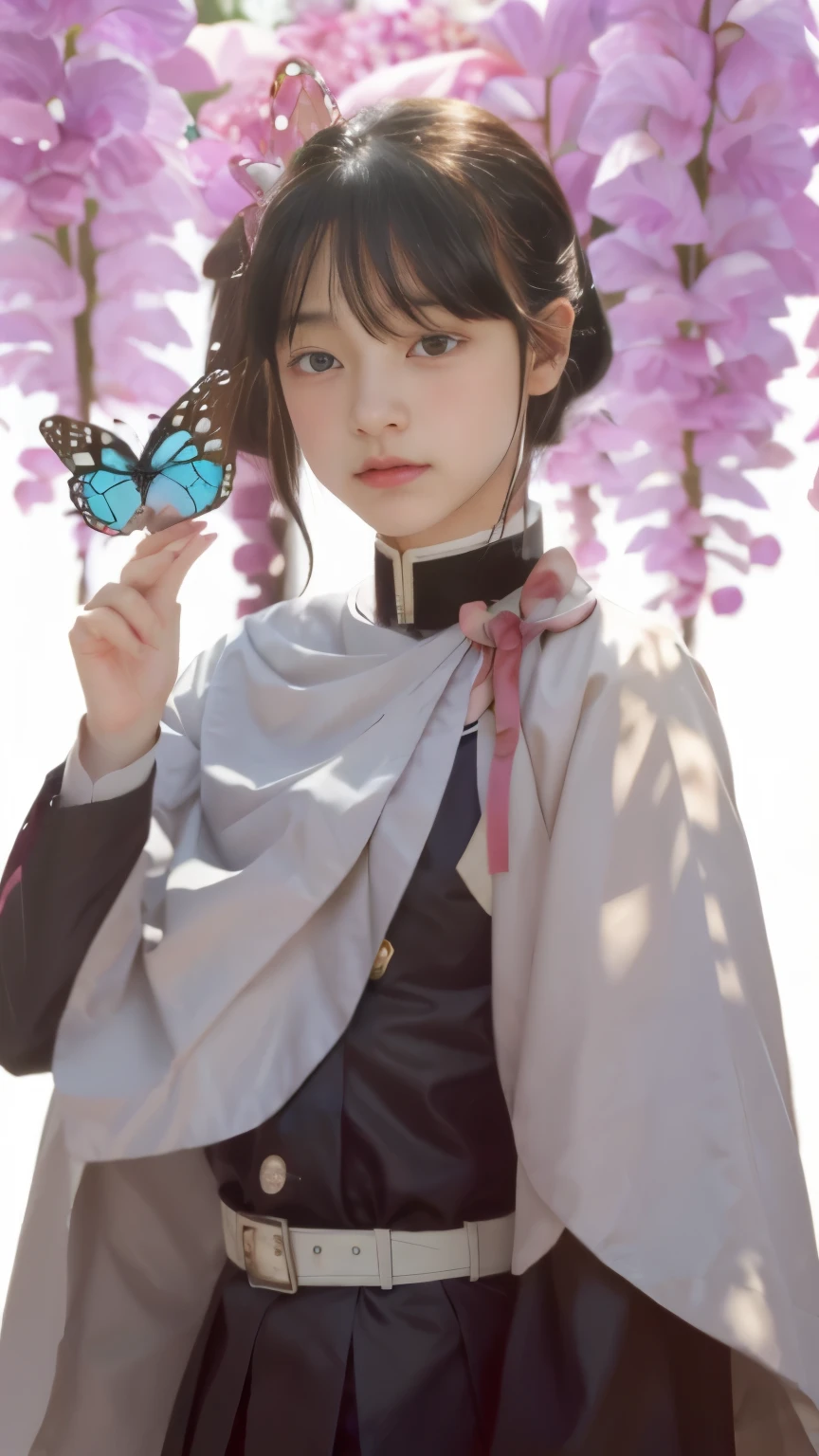 a girl with a butterfly in her hand and a butterfly in her hand, by Jin Homura, inspired by Munakata Shikō, inspired by Jin Homura, delicate androgynous prince, romanticism lain, hijikata toushirou, black - haired mage, a maid in a magical forest, anime moe artstyle, madoka kaname