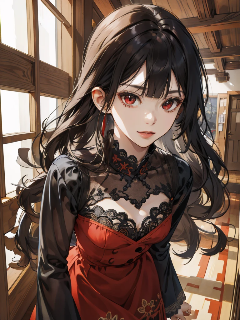 (absurdres, highres, ultra detailed), 1girl, mature female, wavy hair, long hair, blunt bangs, red eyes, dress, long sleeves, finely detailed eyes and detailed face, intricate details, BREAK mosaic art, small pieces, colorful tesserae, intricate patterns, tiled designs, durable surfaces, time-honored techniques BREAK macro photography, intricate details, magnified textures, stunning clarity, hidden beauty, immersive perspective BREAK , artisanal creations, handmade goods, unique designs, intricate details, creative expression, skilled craftsmanship, PerfectNwsjMajic