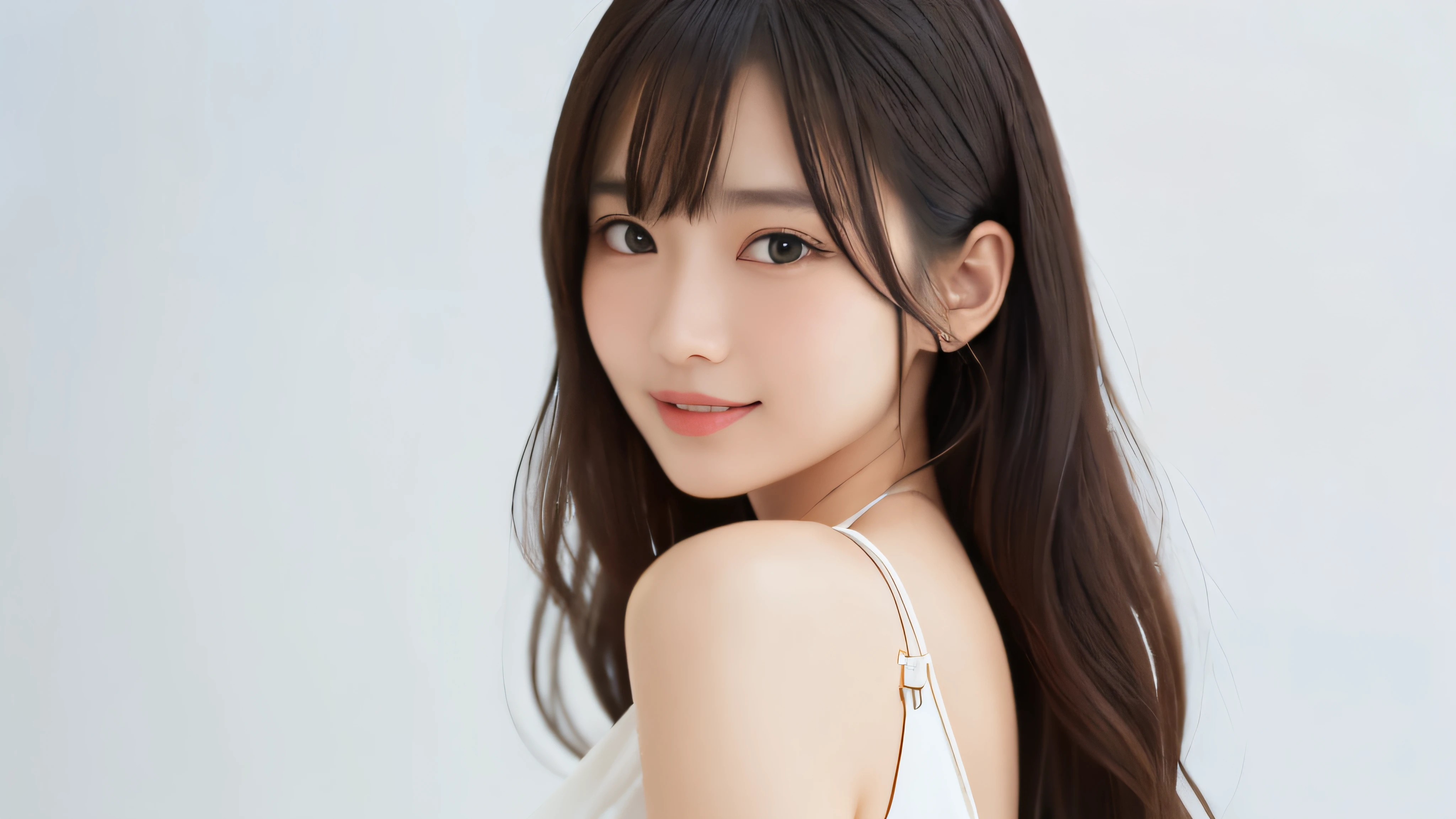 (masterpiece:1.2,highest quality),((White background)),((Photographed with an ultra-wide-angle single focus lens)),depict the upper body,ung woman,((suit)),(Big Breasts),((Look to the side)),Black wavy hair,((Fine and beautiful eyes)),blushed,Healthy Skin,(smile),8k resolution