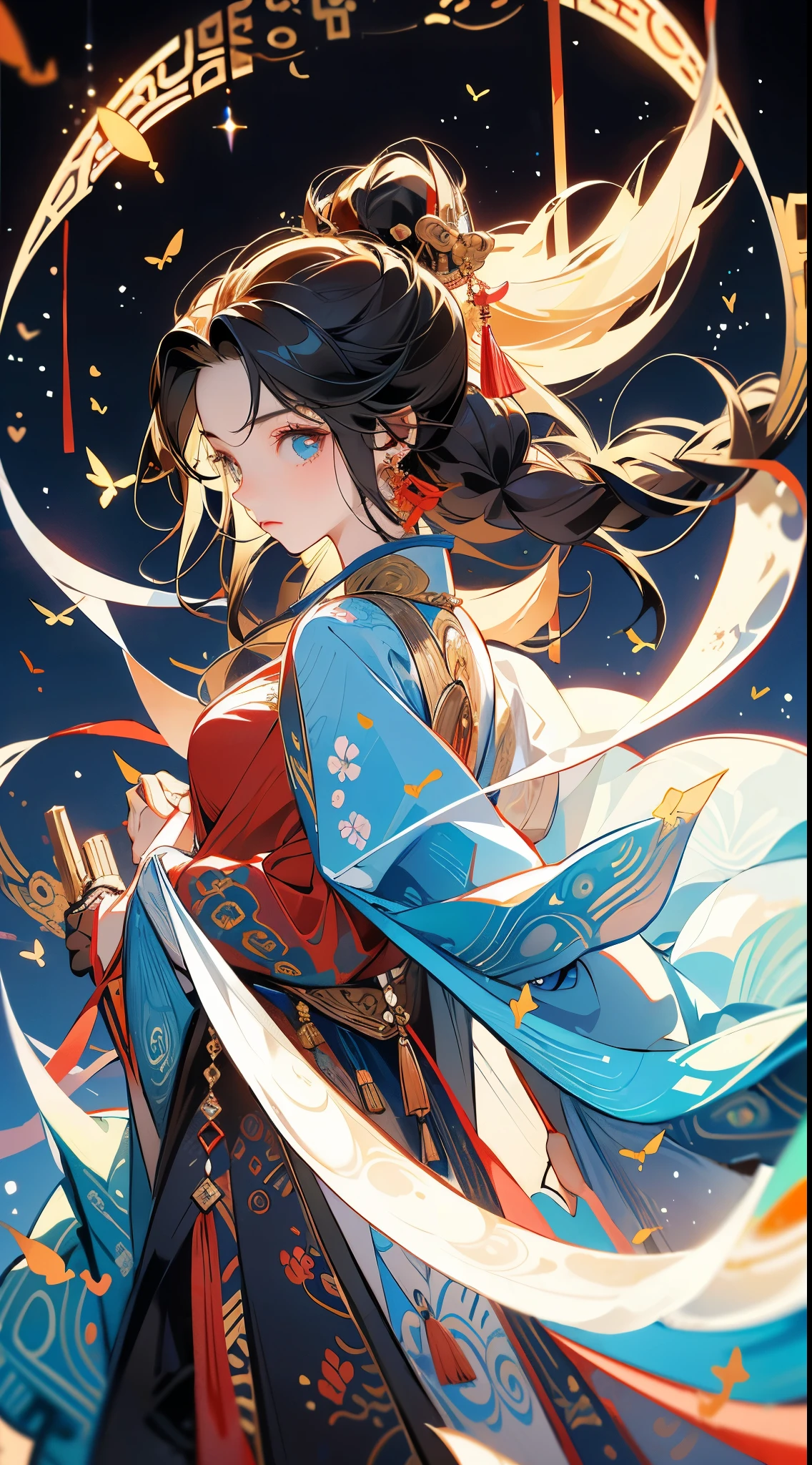 official art，Unity 8k wallpaper，Super detailed，Beauty and aesthetics，masterpiece，最好of品质，(masterpiece，最好of品質，Super Detail，A painting)，照亮of，Fine details，(Illustration poster)。1 girl，娇嫩of皮肤，(Full body love:1.2)，腰drum，drum，big eyes，Fly in the air，Dynamic poses，tape，open one&#39;s eyes，美丽of灯光，The body is meticulous，The details are complicated，details，of，The light is very soft，细致of光彩之美，Deep shadows，自然柔和of灯光，Dunhuang culture，Performance Music，飞翔of天空，飘动of丝绸，斑驳of背景