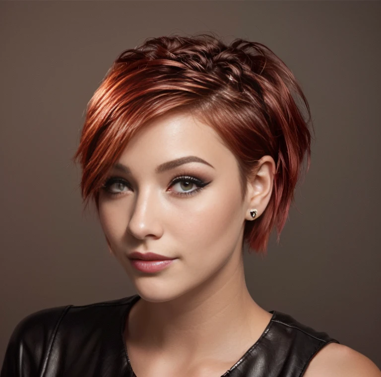 Portait of a beutiful short hair woman, eye liner, short pixie hair, low cut top, crop top, mini leather skirt, red hair
