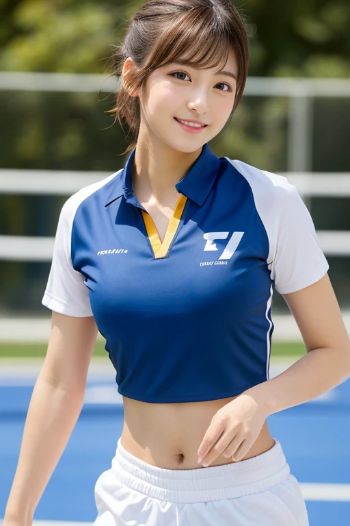 8k, RAW Photos, Highest quality, masterpiece, Realistic, Realistic, (1 Ultimate beauty), 20-year-old, Highly detailed face, (Perfect Teeth), Detailed eyes, double eyelid, eyelash, Grin, Lip details, Brunette Bob, Small breasts, ((Blue Japan_Nationwide_Team Volleyball_uniform)),Soft Light, ((Written boundary depth)) 、Shot in the back、sum、Stick your butt out、Spread your legs、Slender body、Inverted nipples, Volleyball court,