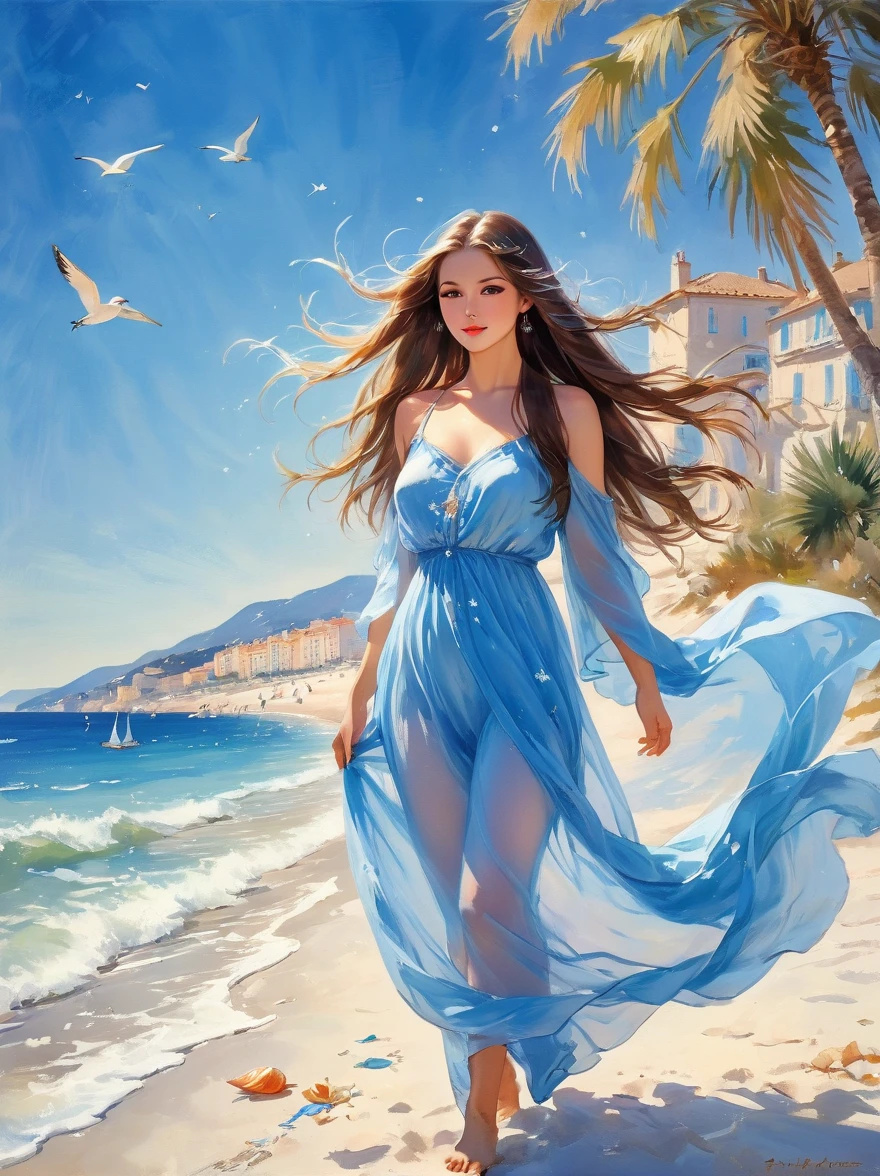 Beautiful woman with long flowing hair and white gauze,Relax on the beaches of the picturesque French Riviera,The white sandy beach blends perfectly with the clear blue sea,nearby,Colorful shells scattered randomly,Tall, sturdy palm trees sway gently against a bright blue sky,far away,sunny,Giving the quiet earth a warm glow,Fairy Tale Style,Light and shadow mottled,Fantastic surreal,chiffon,(Romantic Blue Coast),Starry Sky