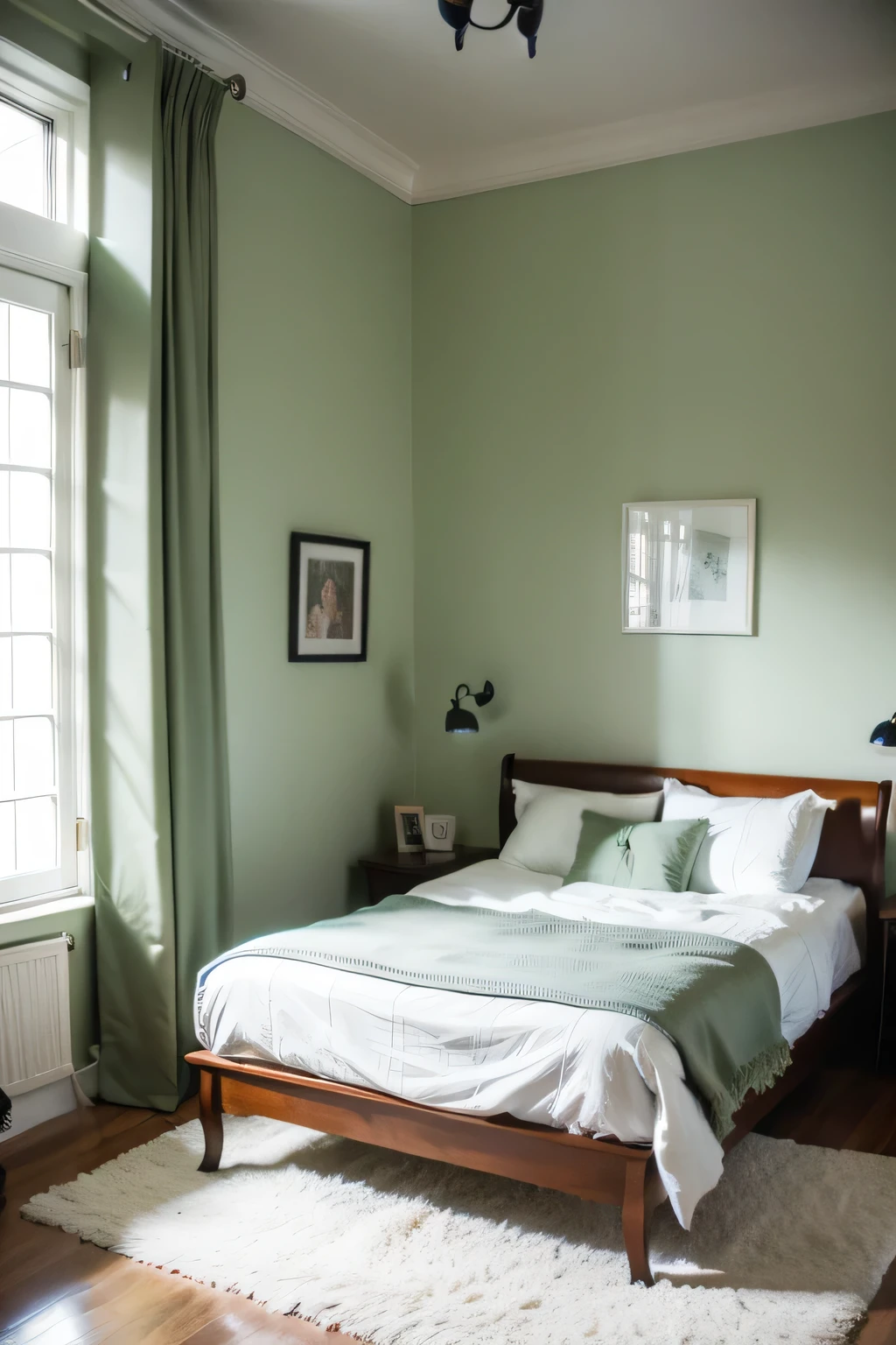 European and American minimalist style,Bedroom interior scene,overall white tone,A touch of green,or light green home decor