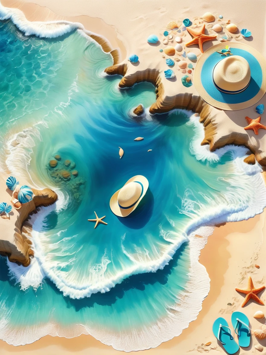 Envision a serene picturesque beach scene, captured in the soft and fluid painting style associated with watercolor artistry. In the foreground, soft golden sand is scattered with an assortment of seashells of various shapes and sizes. A beach towel, a sun hat, and a pair of flip-flops suggests a day of relaxation. Rolling turquoise waves gradually meeting the shore, creating a delicate frothy white lace at the edge. Behind, an endless expanse of azure ocean stretches out to merge into a beautifully gradient sky, transitioning from a deep blue at the zenith to a soft pinkish hue at the horizon. Wisps of clouds dot the expanse, accentuating the tranquility of the scene.