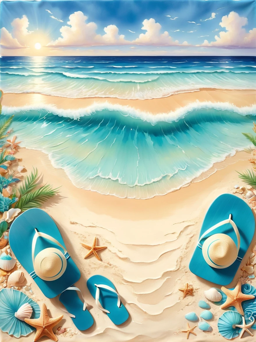 Envision a serene picturesque beach scene, captured in the soft and fluid painting style associated with watercolor artistry. In the foreground, soft golden sand is scattered with an assortment of seashells of various shapes and sizes. A beach towel, a sun hat, and a pair of flip-flops suggests a day of relaxation. Rolling turquoise waves gradually meeting the shore, creating a delicate frothy white lace at the edge. Behind, an endless expanse of azure ocean stretches out to merge into a beautifully gradient sky, transitioning from a deep blue at the zenith to a soft pinkish hue at the horizon. Wisps of clouds dot the expanse, accentuating the tranquility of the scene.