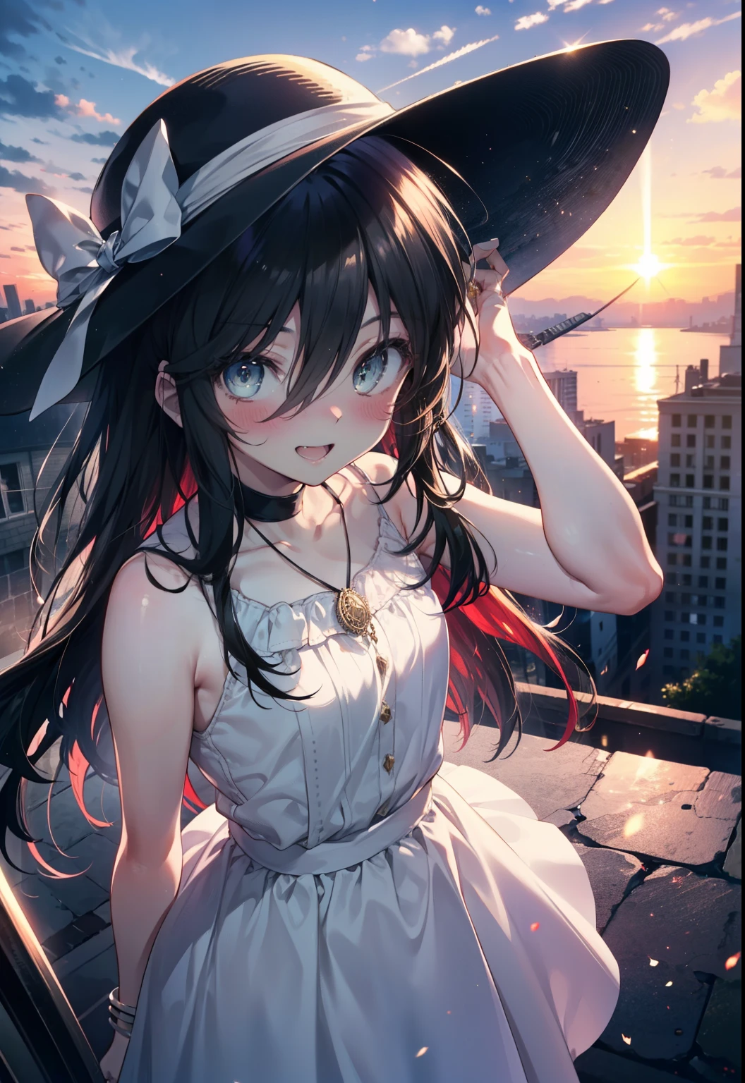 Shana,灼眼のShana,Ahoge,Long Hair,Black Hair, black eye, Small breasts,smile,blush,Open your mouth,Sleeveless dress,Bare shoulders,bare clavicle,Bare neck,Rocket Pendant,White hat,Long skirt,Cute heeled sandals,Looking down from above,sunset,evening,The sun is setting,
break looking at viewer, (Cowboy Shot:1. 5)
break outdoors, City Street,Building district,
break (masterpiece:1.2), highest quality, High resolution, unity 8k wallpaper, (shape:0.8), (Fine and beautiful eyes:1.6), Highly detailed face, Perfect lighting, Highly detailed CG, (Perfect hands, Perfect Anatomy),