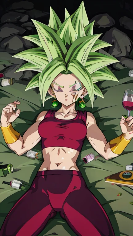 dragon ball character, Green Hair, Green Earrings, Wine Yoga Pants, Good Yoga, Tight crop top wine, Skin, Toned, Unconscious, Eyes Closed, Dead , Lying on the floor ,Decubitus Supine, Open Legs, Open Arms, front to front, sexy imagen