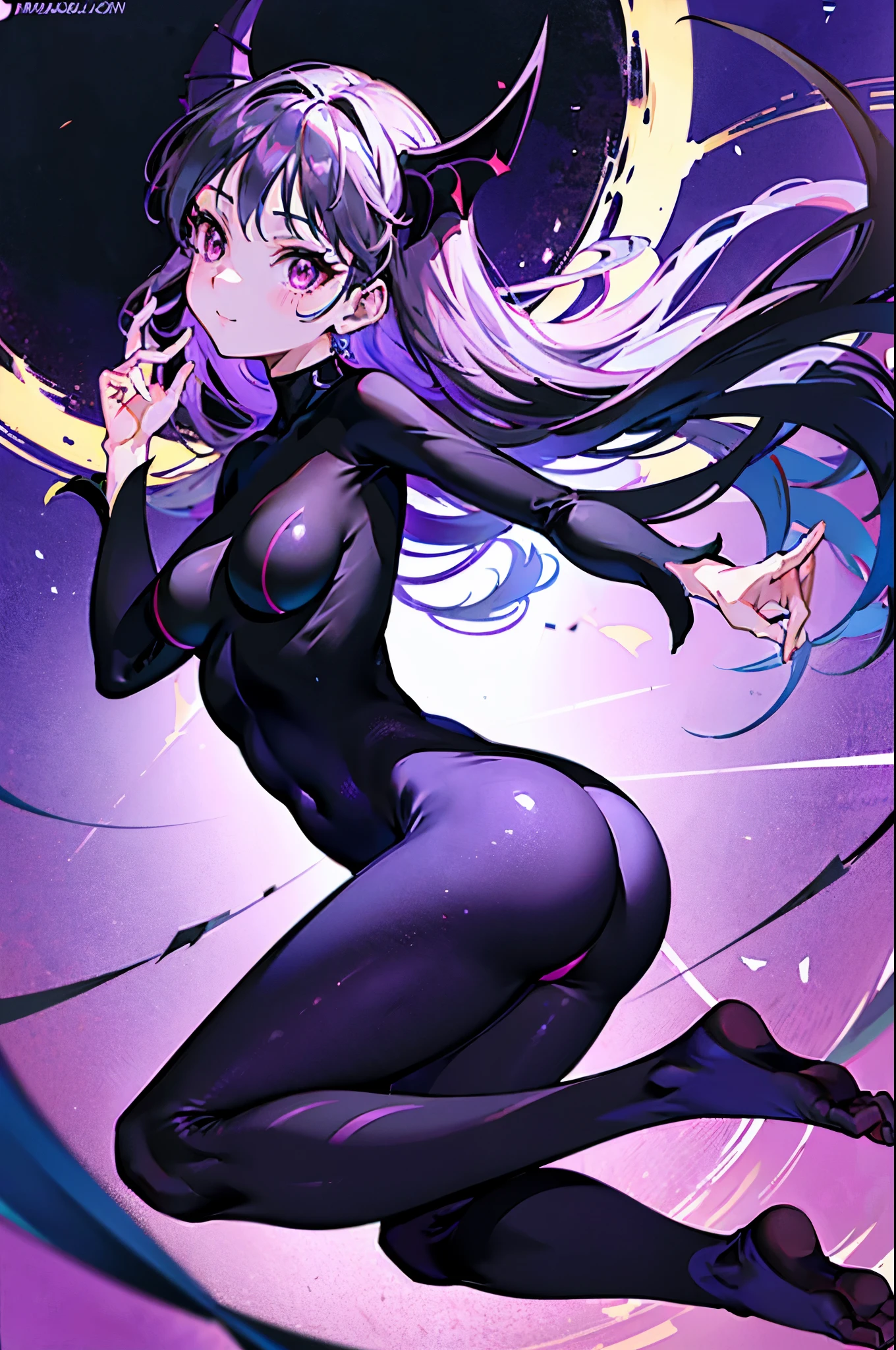 highest quality Highest quality draw the face carefully Anime style high quality face Super Glowing Skin Black full body suit Purple pantyhose barefoot Succubus lure smile Rear view Back view