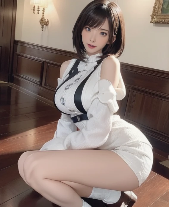 (From below),squat,Leg spread,(Breast compression),Full body detailing、Detailed limbovie Scenes,One Girl,Highly detailed skin,curve,,Beautiful breasts,Large Breasts,Pale skin,Pointed Chest,Erect nipples,(Fantasy art,Best image quality,Hyperrealist portrait,(8k),Ultra-realistic,最high quality, high quality, High resolution, high qualityの質感,Attention to detail,Beautiful details,Fine details,Highly detailed CG,Detailed Texture,Realistic facial expressions,Tabletop,before,dynamic,bold),black hair very short bob、(Thinning hair),(Soft Hair),(Straight hair:1.5),Long, slicked bangs,Hair on one eye,Wearing a white knitted dress、The lines of the body are clearly visible、The skirt length is short