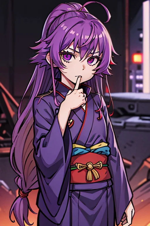 1girl, Sharp explosions, cue, Wide sleeves, Hair decoration, Japanese clothes, Obi is red, (Purple hair:1.2), Very long hair, Styled hair, Looking at the viewer, Highly detailed background, (Realistic pictures:1.2), Detailed eyes, red eye shadow, Depth of field，thigh, (Ulzzang-6500:0.7), Upper body, (Single:1.2), (Cyberpunk city:1.1), split, (Finger on lips:1.1),Shiny skin