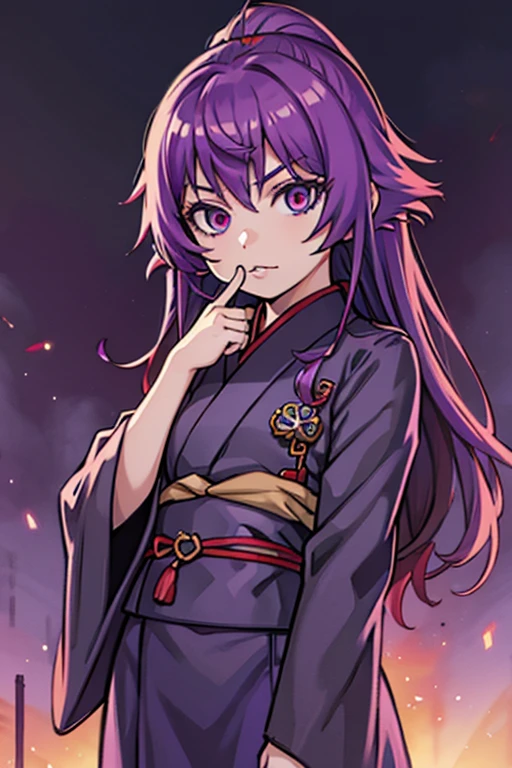 1girl, Sharp explosions, cue, Wide sleeves, Hair decoration, Japanese clothes, Obi is red, (Purple hair:1.2), Very long hair, Styled hair, Looking at the viewer, Highly detailed background, (Realistic pictures:1.2), Detailed eyes, red eye shadow, Depth of field，thigh, (Ulzzang-6500:0.7), Upper body, (Single:1.2), (Cyberpunk city:1.1), split, (Finger on lips:1.1),Shiny skin