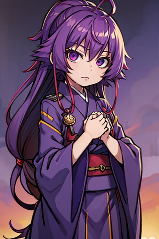 1girl, Sharp explosions, cue, Wide sleeves, Hair decoration, Japanese clothes, Obi is red, (Purple hair:1.2), Very long hair, Styled hair, Looking at the viewer, Highly detailed background, (Realistic pictures:1.2), Detailed eyes, red eye shadow, Depth of field，thigh, (Ulzzang-6500:0.7), Upper body, (Single:1.2), (Cyberpunk city:1.1), split, (Finger on lips:1.1),Shiny skin