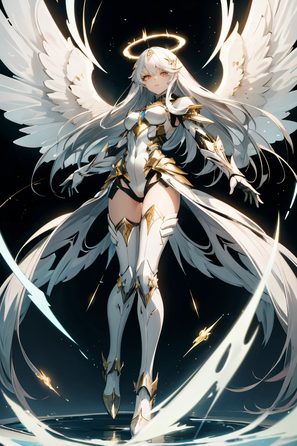 1girl, an anime girl with long white hair, anime art, an anime drawing, golden eyes, tall woman, high quality, thin body, multiple wings, angel, six wings, head wings, glowing eyes, halo, black thighhighs, bright pupils, black clothes, thunder, black gloves, cybernetic angel, possessing metallic wings and a sleek white and silver exoskeleton, bodysuit, iron mask