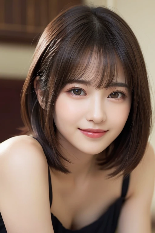 (highest quality:1.5)、(Realistic:1.5)、(1 person:1.5)、Very detailed、finely、High resolution、8k wallpaper、Perfect dynamic composition、Small breasts、Natural color lip、Cute smile、Japanese women、20-year-old girl、Beautiful and elaborate face、Perfect and beautiful face、Beautiful and detailed、Big eyes、Brunette eyes、Beautiful and elaborate face、Perfect and beautiful double eyelids、Natural Bangs、Beautiful thin nose、Beautiful Skin、Maroon brown hair、Medium Bob Hair、Short Hair、Natural Bangs、Bedroom、On the bed、Perfect and beautiful face、Natural pose、Slim face and figure、(looking at the camera)、Bright lighting、Professional Lighting、front lighting、Bold sexy pose、Natural smile、Cold Shoulder、Halter Shoulder、Beautiful clavicle、(A sexy shot of all fours)、Beautiful clavicle、Beautiful cleavage、Beautiful waistline、mini skirt、