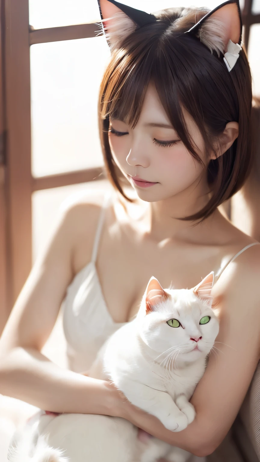 masterpiece, 4k, Bokeh, (Kawaii:1.5), (Beautiful girl:1.3), (Japanese idle:1.6), (Cat ear:1.3) , (white onepiece:1.3),  Blushed face, looking at the viewer, cowboy shot, (Hold pretty slleeping white cat :1.5), (Close eyes:1.3), (white background :1.4), 