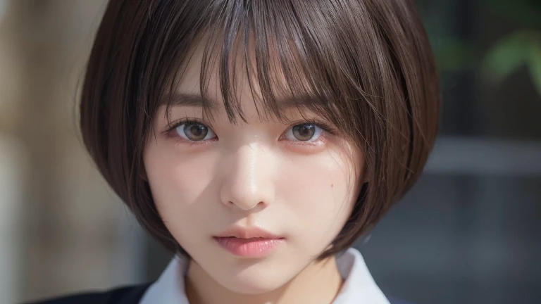 (Bob Cut Hair:1.2),(Wearing black school uniform:1.2),1 girl,Japanese,21 years old,(Small breasts:1.3),(highest quality,masterpiece:1.3,超A high resolution,),(Ultra-detailed,Caustics),(Photorealistic:1.4,RAW shooting,)Ultra-Realistic Capture,Very detailed,High resolution 16K human skin close-up。 Natural skin texture、,Pores、、It needs to be detailed enough to be easily identifiable。 Skin should be even-toned and healthy looking。 Use natural light and colour, Sad expression, Looking at the camera, Perfect dynamic composition, Outdoor
