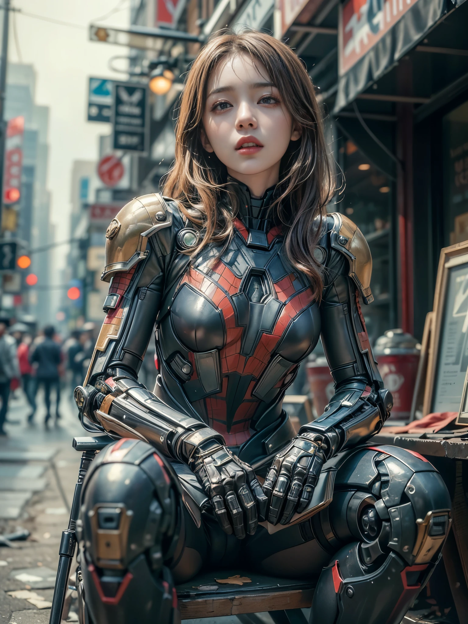 (Masterpiece, Best Quality, photorealestic:1.4), (UHD, 8k wallpaper, High Resolution), japanese girl as a cyborg war mechine in a cyborg military with heavy armor, intricate detailed bodywork, messy red hair, detailed beautiful face, very tight musculature, sitting with cross-legged, dynamic pose, cute expression. Against the background of a ruined New York City, dressed in black with crimson trim cyborg military armor, spider-man armor likeness, Oppressive atmosphere, postapocalypse, photon mapping